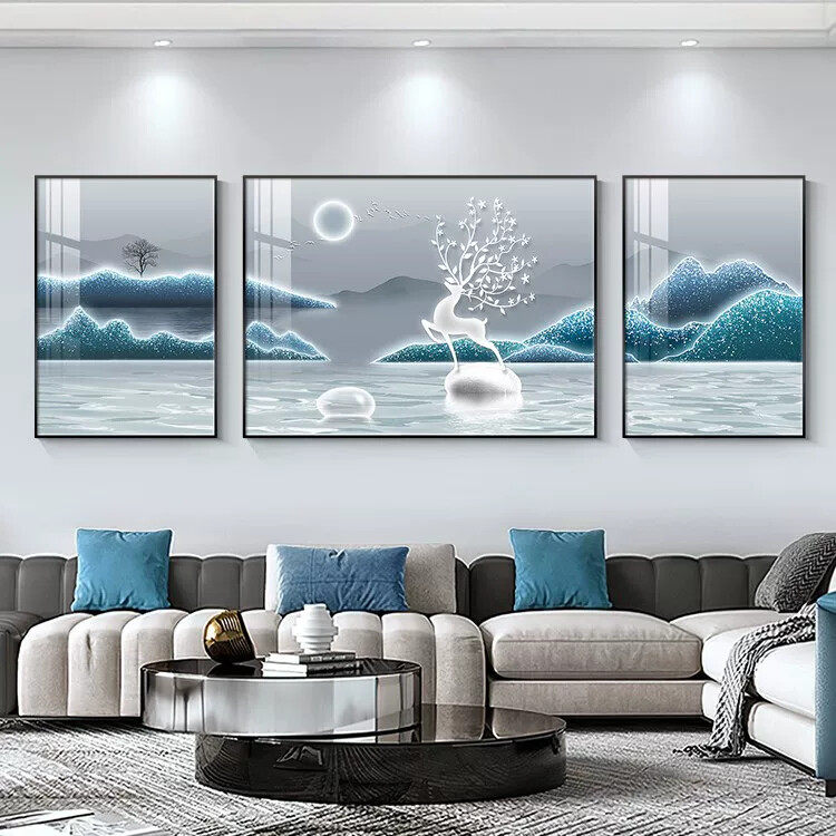 福鹿山水客厅装饰画轻奢高级感沙发背景墙蓝色抽象三联挂画寓意好