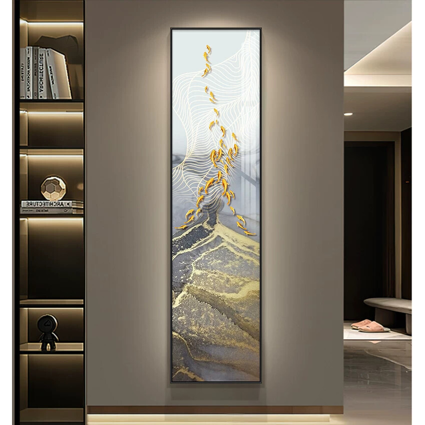 九鱼图玄关装饰画现代轻奢细长条挂画玄幻走廊尽头墙壁画招财大气