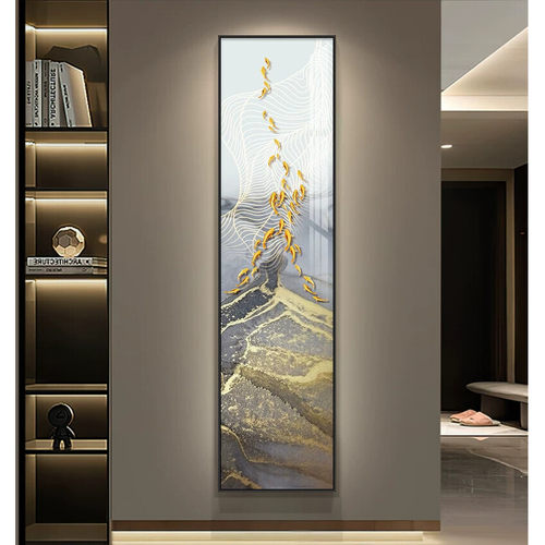 九鱼图玄关装饰画现代轻奢细长条挂画玄幻走廊尽头墙壁画招财大气