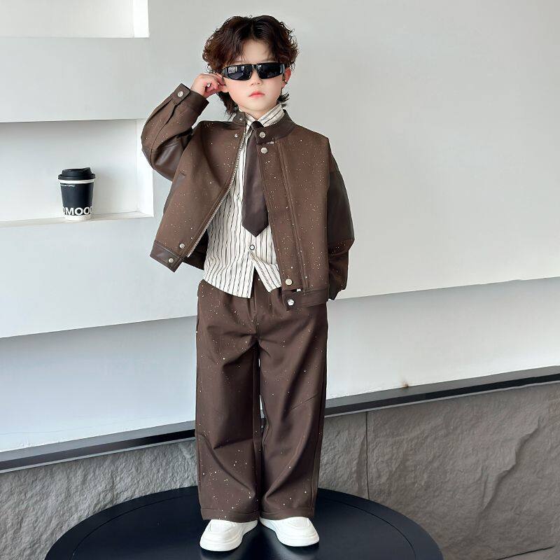 痞帅男童皮衣时髦洋气潮儿童亮闪闪夹克机车风上衣男孩春秋款外套