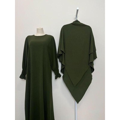 Womens Solid Color Long Sleeve Dress Hijab Set Modest