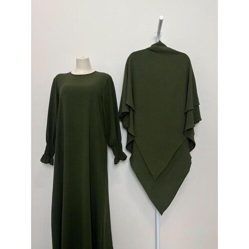 Womens Solid Color Long Sleeve Dress Hijab Set Modest