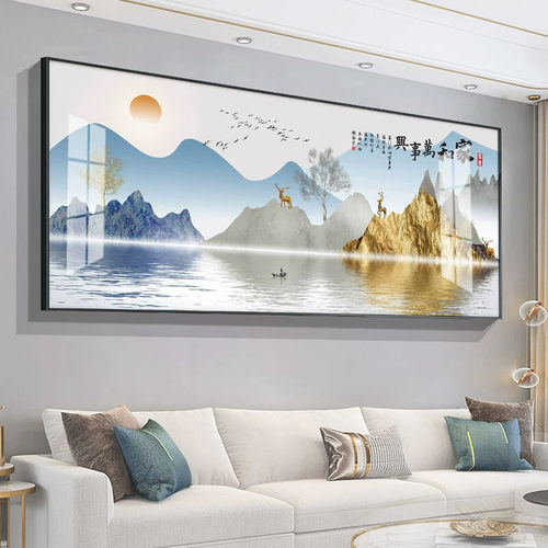 现代轻奢装饰画客厅日照金山富水图山水画背景墙壁画大气风景挂画