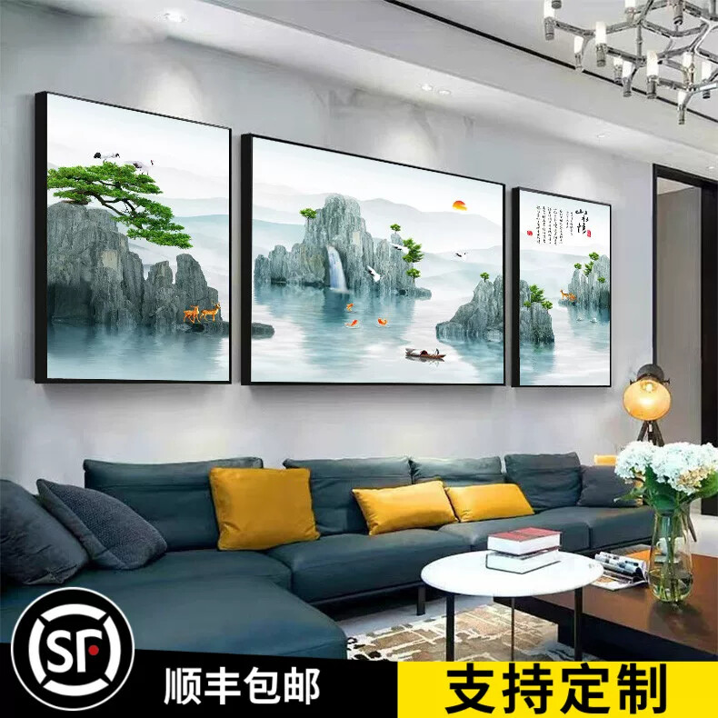 新中式客厅三联装饰画简约现代沙发背景墙画大气山水画挂画壁画