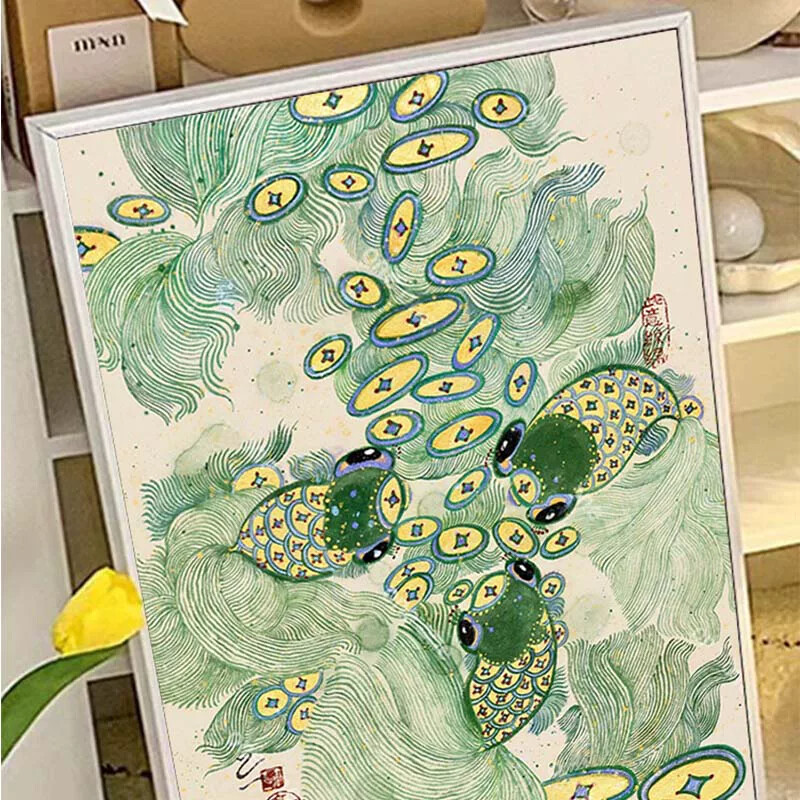 《荷花锦鲤》新中式客厅卧室装饰挂画高级感游财小金鱼玄关壁挂画