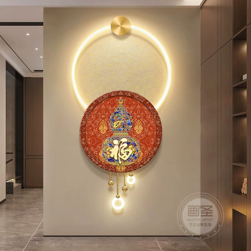 珐琅彩入户门玄关装饰画百福图走廊尽头挂画轻奢葫芦带灯立体壁画