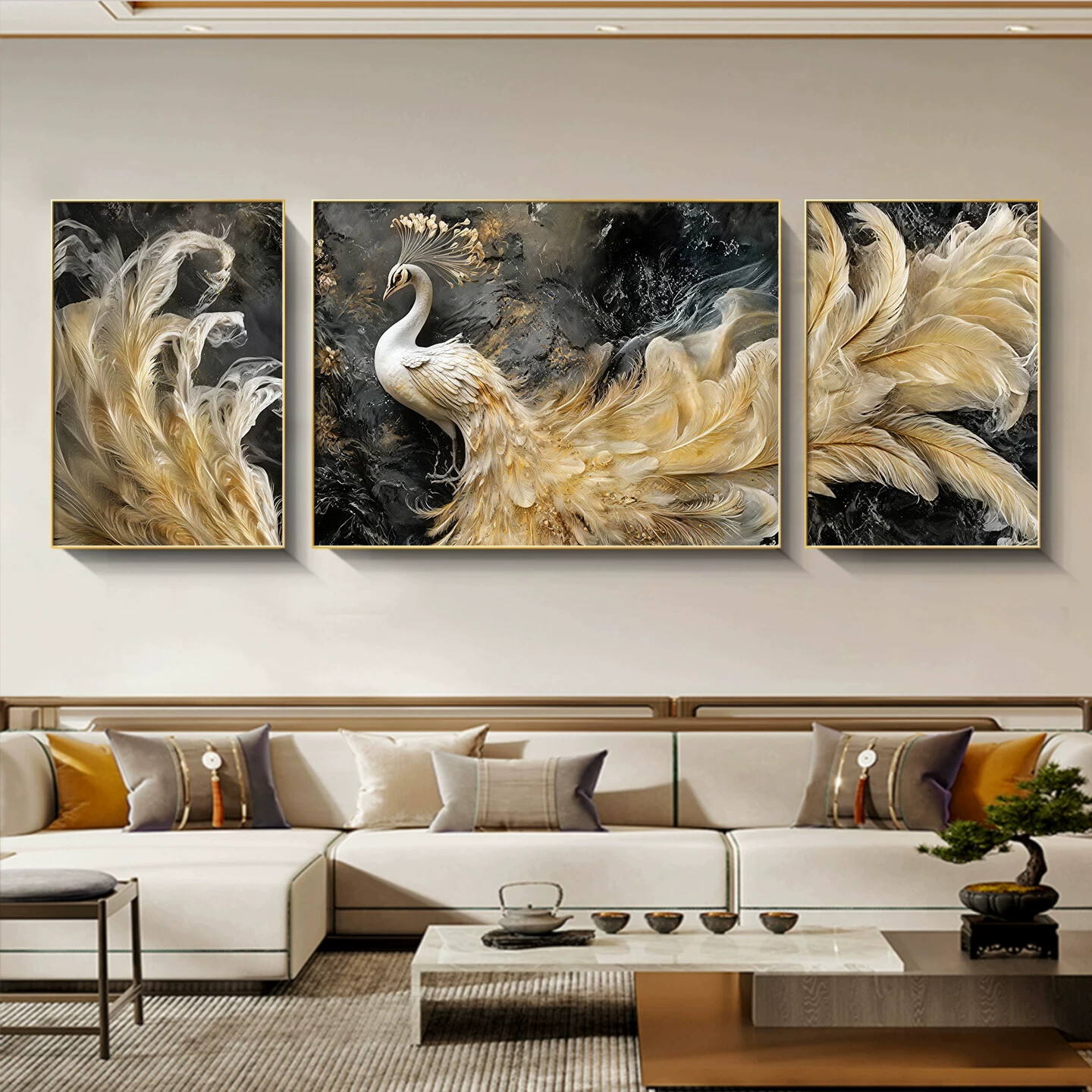 轻奢高级感孔雀客厅装饰画沙发背景墙大气挂画寓意好肌理三联壁画