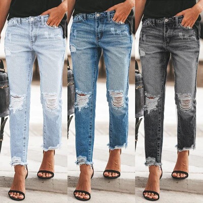 Womens Boyfriend Jeans Stretchy Ripped Distressed Denim