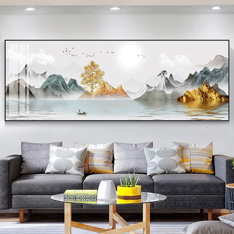 客厅装饰画沙发背景墙画壁画新中式山水挂画晶瓷镶钻办公室轻奢画