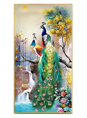 客厅入户门玄关装饰画过道走廊尽头壁画中式孔雀凤凰晶瓷镶钻挂画