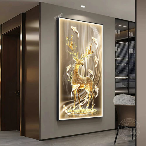 入户玄关装饰画金鹿led发光灯画现代轻奢福鹿客厅走廊过道墙壁画