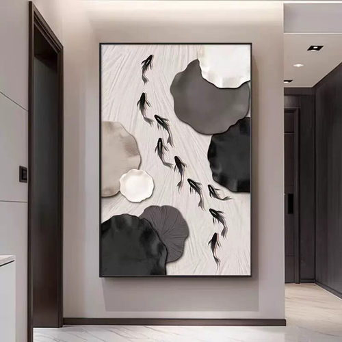 九鱼图客厅落地装饰画黑白灰抽象沙发背景墙挂画入户玄关尽头壁画
