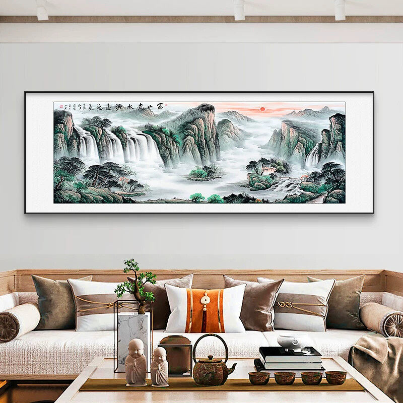 新中式客厅装饰画山水画横幅沙发背景墙办公室迎客松挂画大气国画