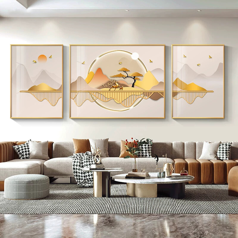 现代轻奢客厅装饰画新中式沙发背景墙面挂画简约山水画三联画壁画