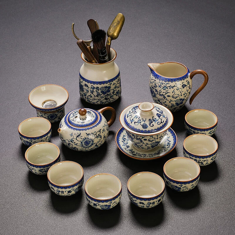 黄汝窑缠枝莲2025新款功夫茶具套组西施泡茶壶家用提梁壶盖碗整套