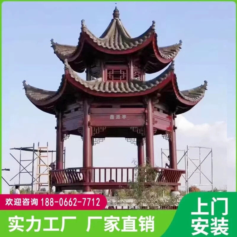 仿古八角亭双层六角古建凉亭子防腐木长廊水榭亭子菠萝格凉亭厂家