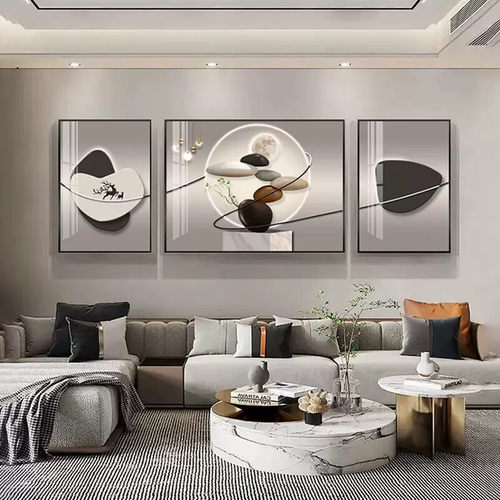 现代简约客厅装饰画石来运转艺术沙发背景墙挂画高级感大气三联画