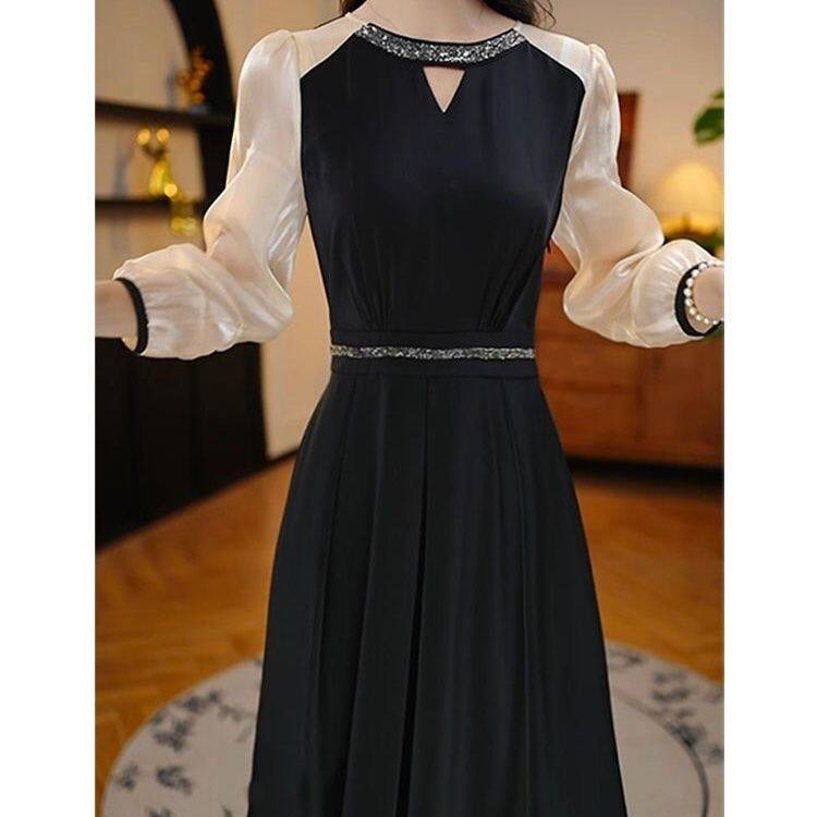 高级感轻奢显瘦七分袖连衣裙女2025早春新款气质拼接裙子