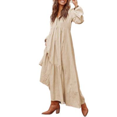 Womens Cotton Linen Peasant Maxi Dresses Button Up Long