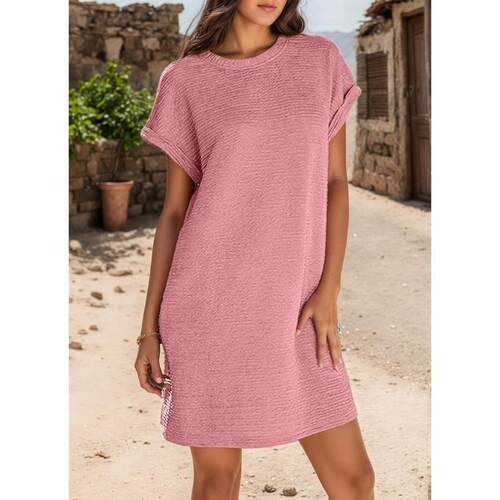 2026 Womens Solid Color Round Neck Short Sleeve Dress with