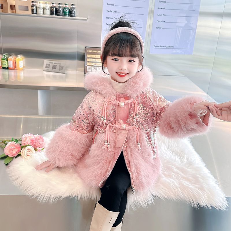 女童冬季新款加绒仿皮草外套女宝宝中长款风衣网红洋气带帽派克服