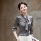 新款 2025春季 飘带职业衬衣气质上衣工作服 女长袖 高端醋酸缎面衬衫