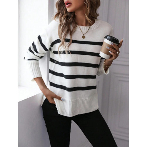M 88613 Striped split hem knit sweater 条纹下摆开叉针织衫