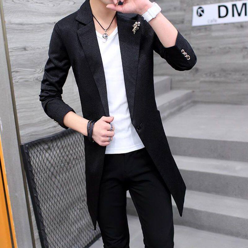 西装男中长款帅气韩版春秋季青年风衣修身型潮流学生薄款西服外套
