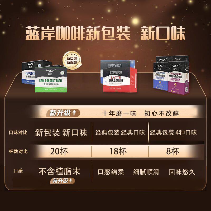 PACA蓝岸速溶花式咖啡生椰拿铁卡布奇诺玛奇朵黑咖啡粉送杯子
