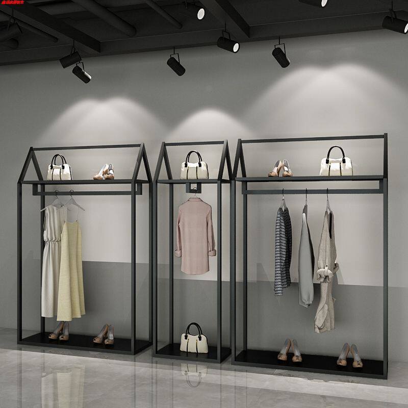 服装店双层挂衣架网红北欧组合货架铁艺陈列架侧正挂衣架时尚复古