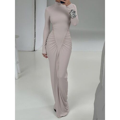 Womens Plain High Neck SlimFitting Ruched Long Sleeve Dress