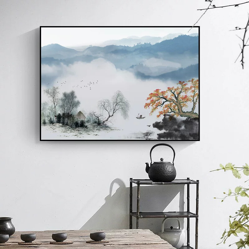 山水画风景客厅字画装饰画书房水墨画卧室床头壁画新中式茶室挂画