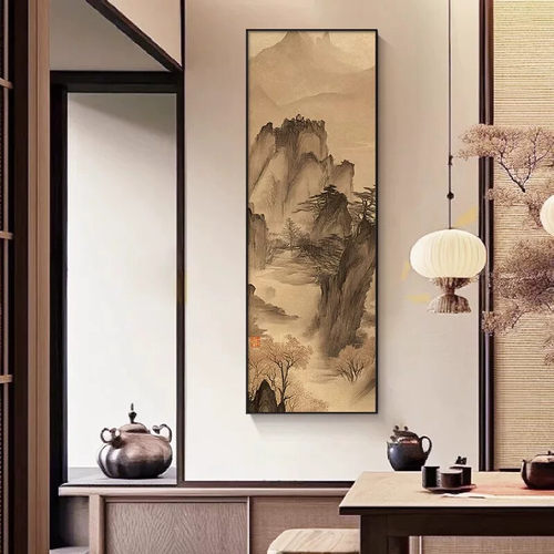见山字画玄关双联挂画新中式茶室装饰画宋代美学书房客厅走廊壁画
