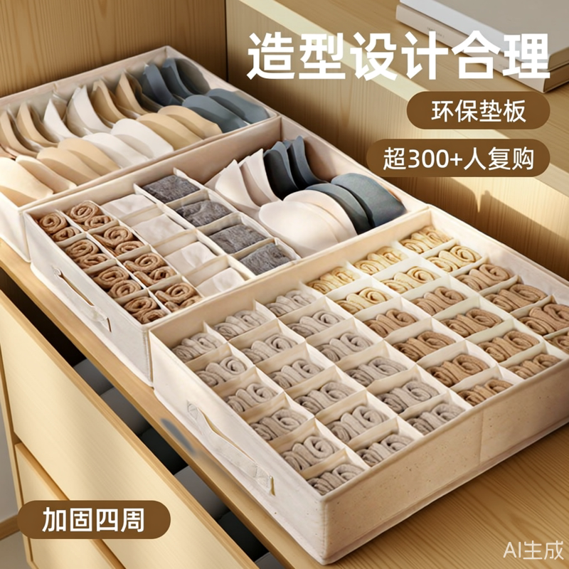 衣柜内衣内裤袜子三合一收纳盒大容量棉麻抽屉式分隔家用收纳神器