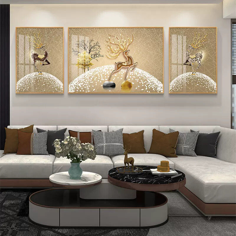 轻奢客厅装饰画现代简约三联画 麋鹿主题晶瓷手工镶钻画 沙发背景