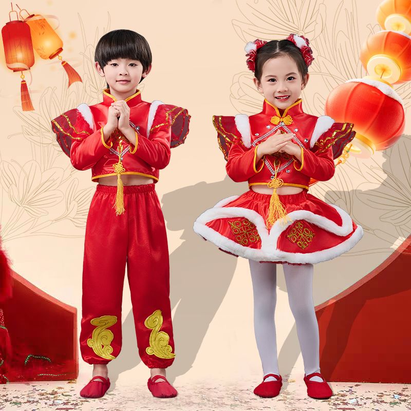 儿童元旦喜庆演出服梦娃中国开门红打鼓女童秧歌舞蹈幼儿表演服装