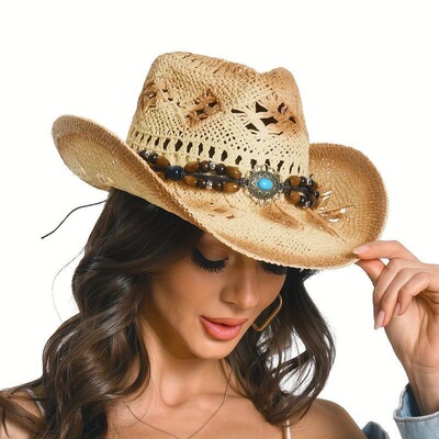 Stunning Ladies Straw Cowboy Hat Classic Western Style