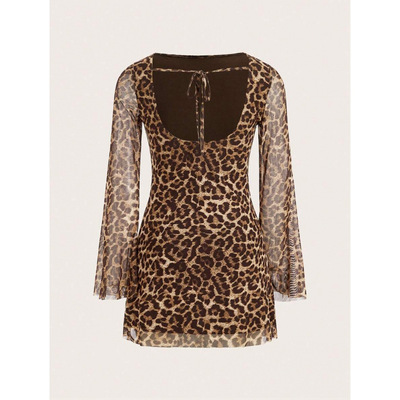 Q 61786 Sheer leopard print backless dress 网纱豹纹露背连衣