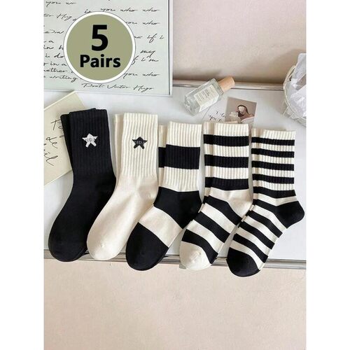 Womens 5 Pairs Colorblock Stripped Star Print Crew Socks