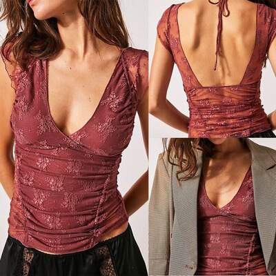 Women Sexy Basic Floral Lace TShirts Backless Summer Cap