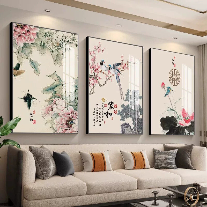 客厅装饰画沙发背景墙挂画新中式壁画中式山水画三联竖版墙画复古