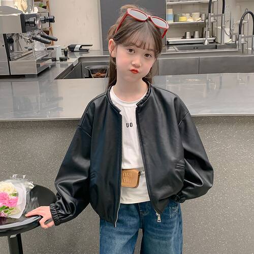 女童皮衣秋季2025新款圆领上衣中大童机车女孩学生外套百搭潮款