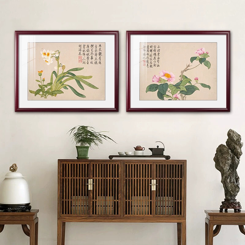 餐厅新中式植物花卉装饰画客厅书房茶室背景画玄关腊梅芙蓉花挂画