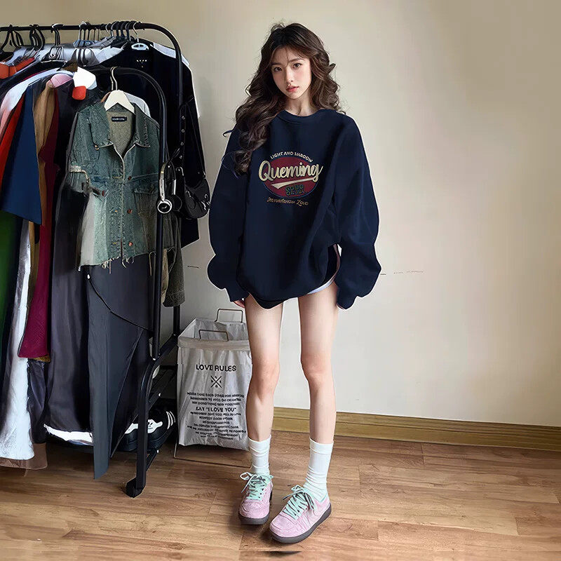 藏蓝色卫衣女圆领秋冬加绒加厚2026新款爆款春秋薄款慵懒风上衣女