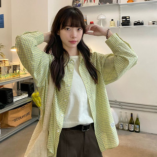 奶兔星球-自制 格纹贴布薄款衬衫2025新款女春秋宽松长袖格子衬衣