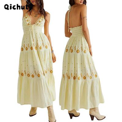 Boho Flowy Maxi Dress for Women Spaghetti Strap Open Back