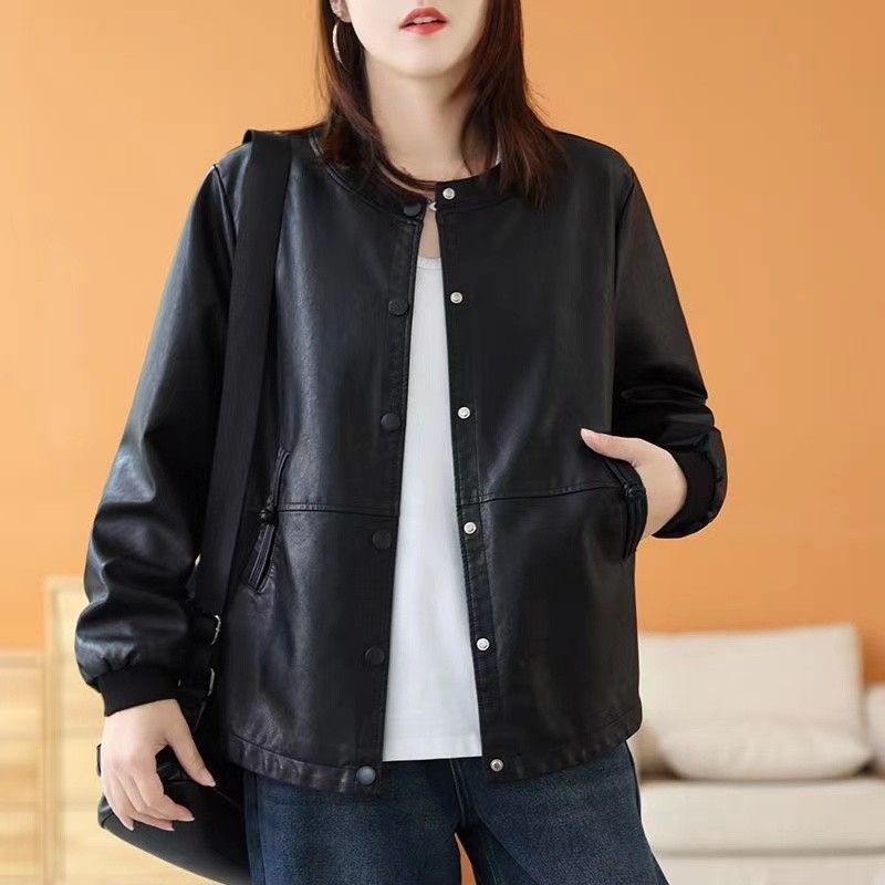 时尚黑色宽松2026春秋季新款加肥加大码女皮衣休闲盘扣百搭PU外套