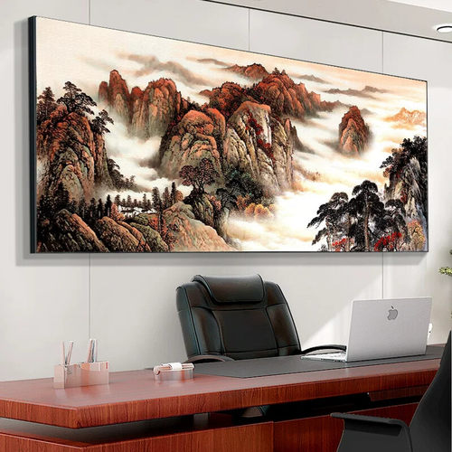 无水靠山图办公室字画装饰风景山水客厅挂画国画沙发背景墙画壁画