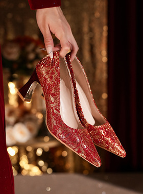 YA-A10秀禾婚鞋新款红色小码高跟鞋婚纱粗跟中式百搭大码加肥鞋女