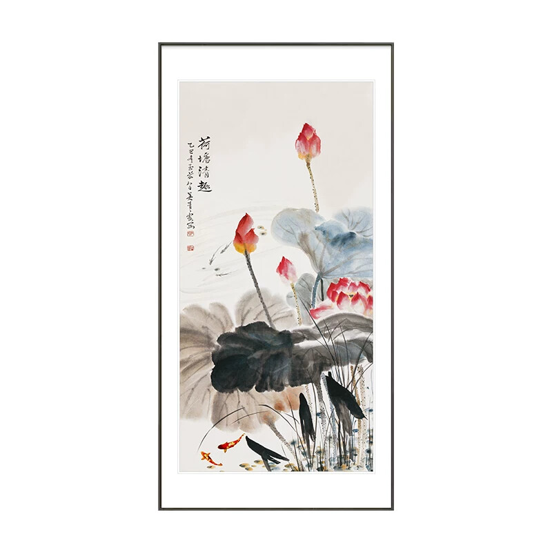 水墨荷花挂画新中式入户玄关装饰画招财锦鲤过道尽头壁画竖版国画